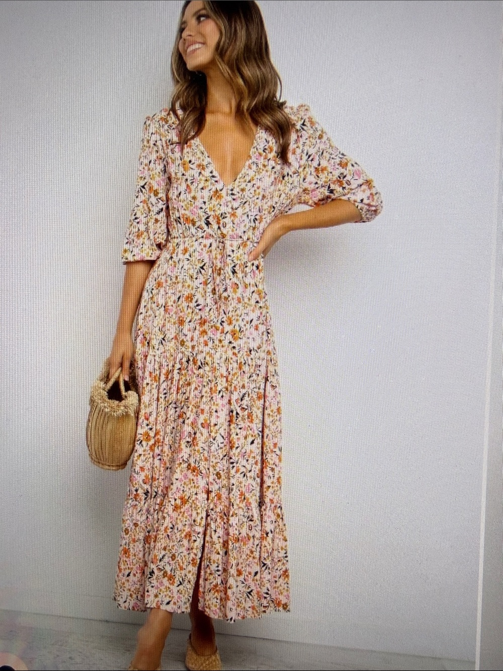 Petal & Pup Kelda Maxi Dress Floral 3/4 Sleeve Drawstring Cinched Waist Autumn L - Picture 2 of 16